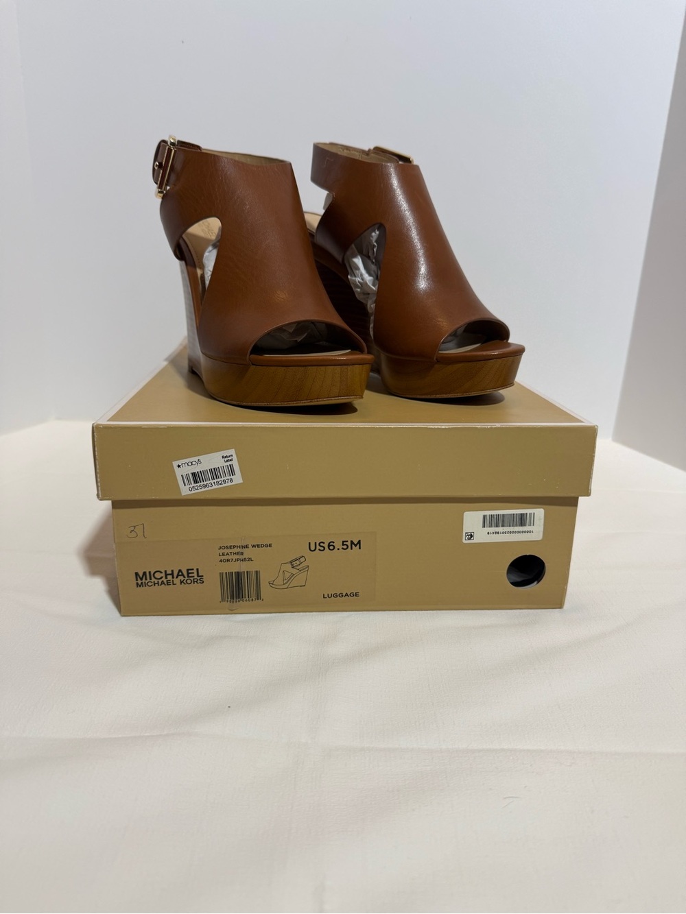 Michael Kors Josephine Luggage Brown Leather Peep-Toe Wedge Sandals Size 6.5
